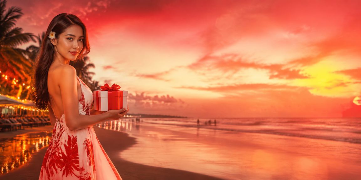 Pengguna VIP menikmati bonus eksklusif di tepi pantai sambil menggunakan ponsel