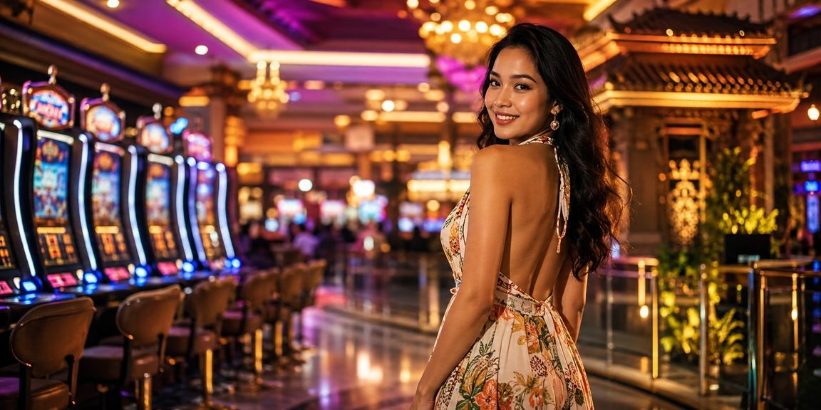 Suasana casino malam hari dengan lampu neon berwarna-warni di Vietnam