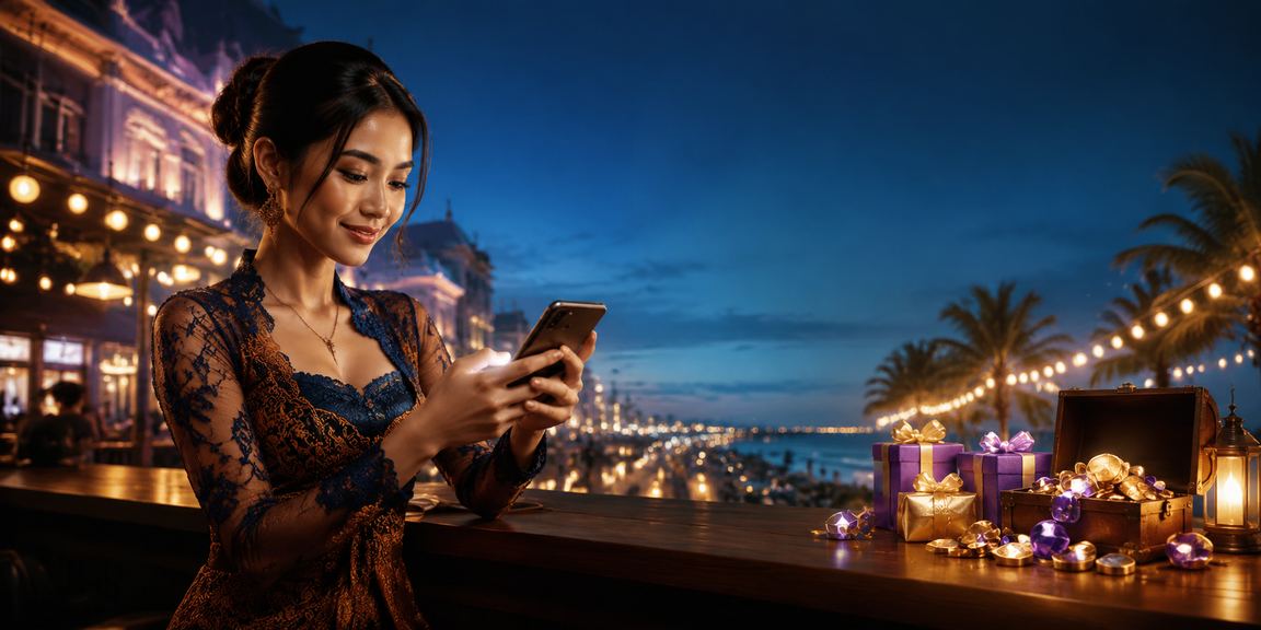 Pengguna menikmati permainan casino mobile saat liburan di pantai Bali
